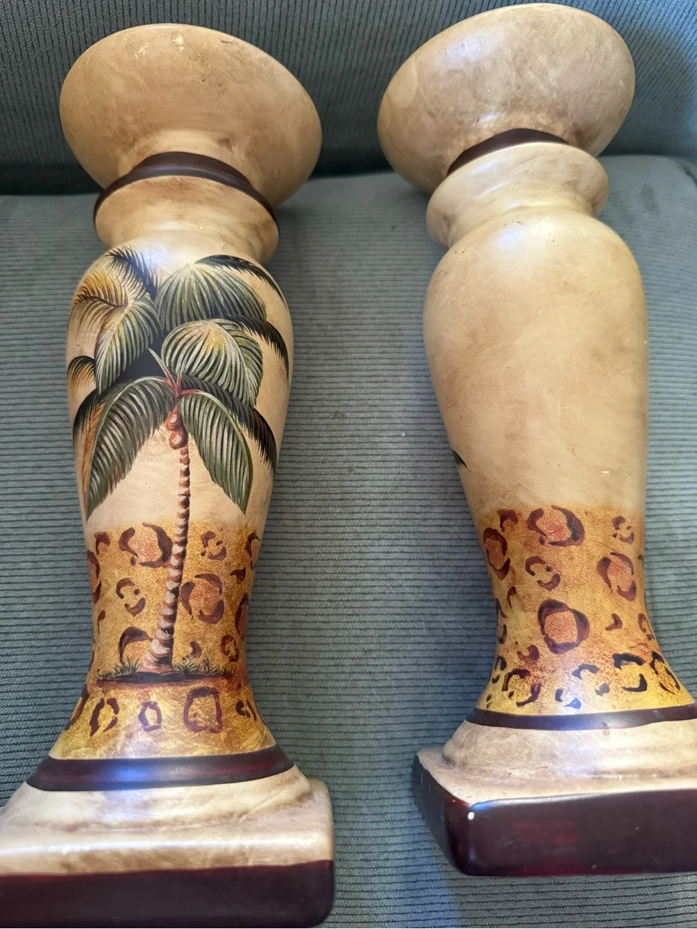 Decorative Palm Tree Candle Holders in Beige and Green 10”